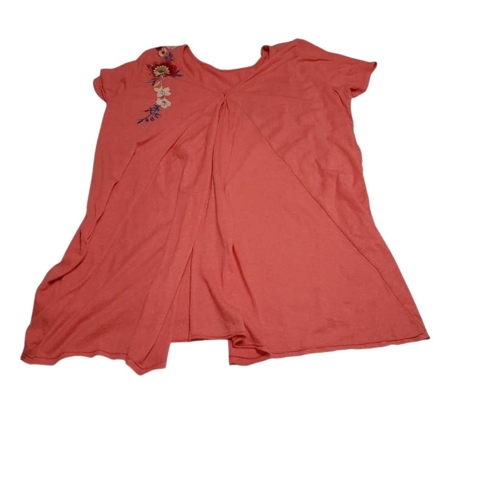 Jw Los Angeles Womens Blouse Coral Floral Short Sleeve Scoop Neck Embroidered M